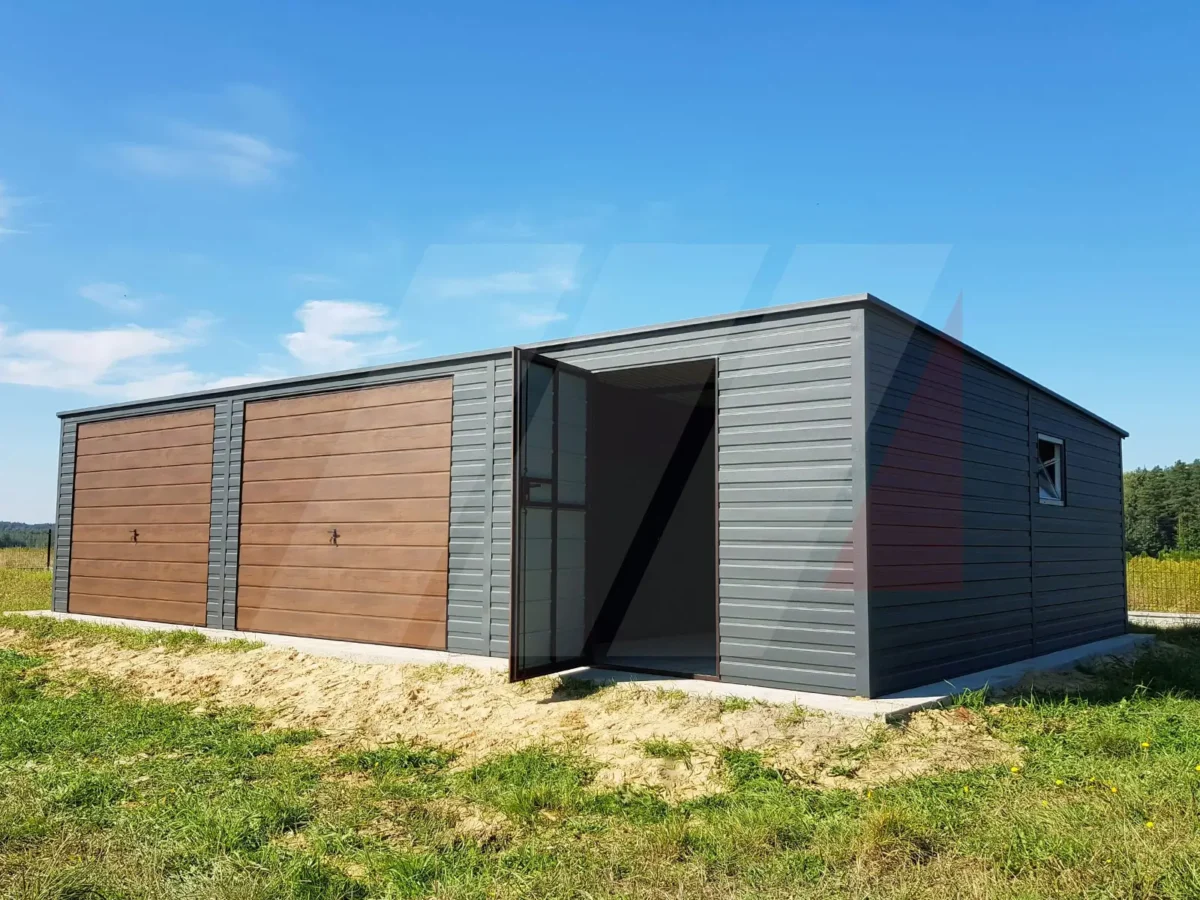 Garaż blaszany grafit bramy uchylne orzech 10 mx 6m spad do tyłu