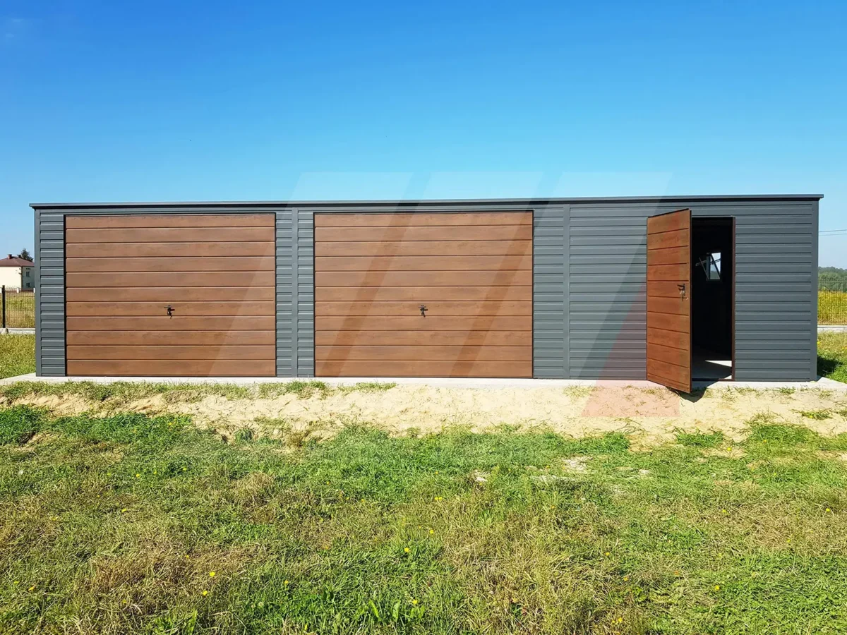 Garaż blaszany grafit bramy uchylne orzech 10 mx 6m spad do tyłu