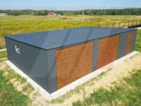 Garaż blaszany grafit bramy uchylne orzech 10 mx 6m spad do tyłu