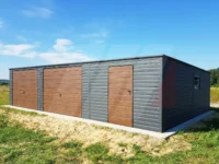 Garaż blaszany grafit bramy uchylne orzech 10 mx 6m spad do tyłu