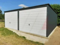 Garaż blaszany dwustanowiskowy grafit 6m x 6m bramy białe