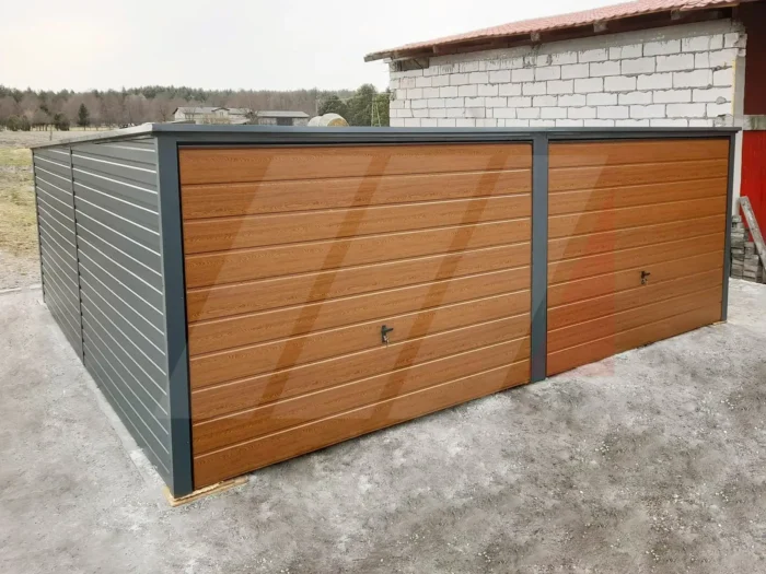 Garaż blaszany dwustanowiskowy grafit 6m x 6m bramy uchylne