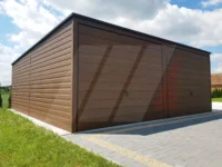 Garaż blaszany dwustanowiskowy orzech 6m x 6m bramy uchylne