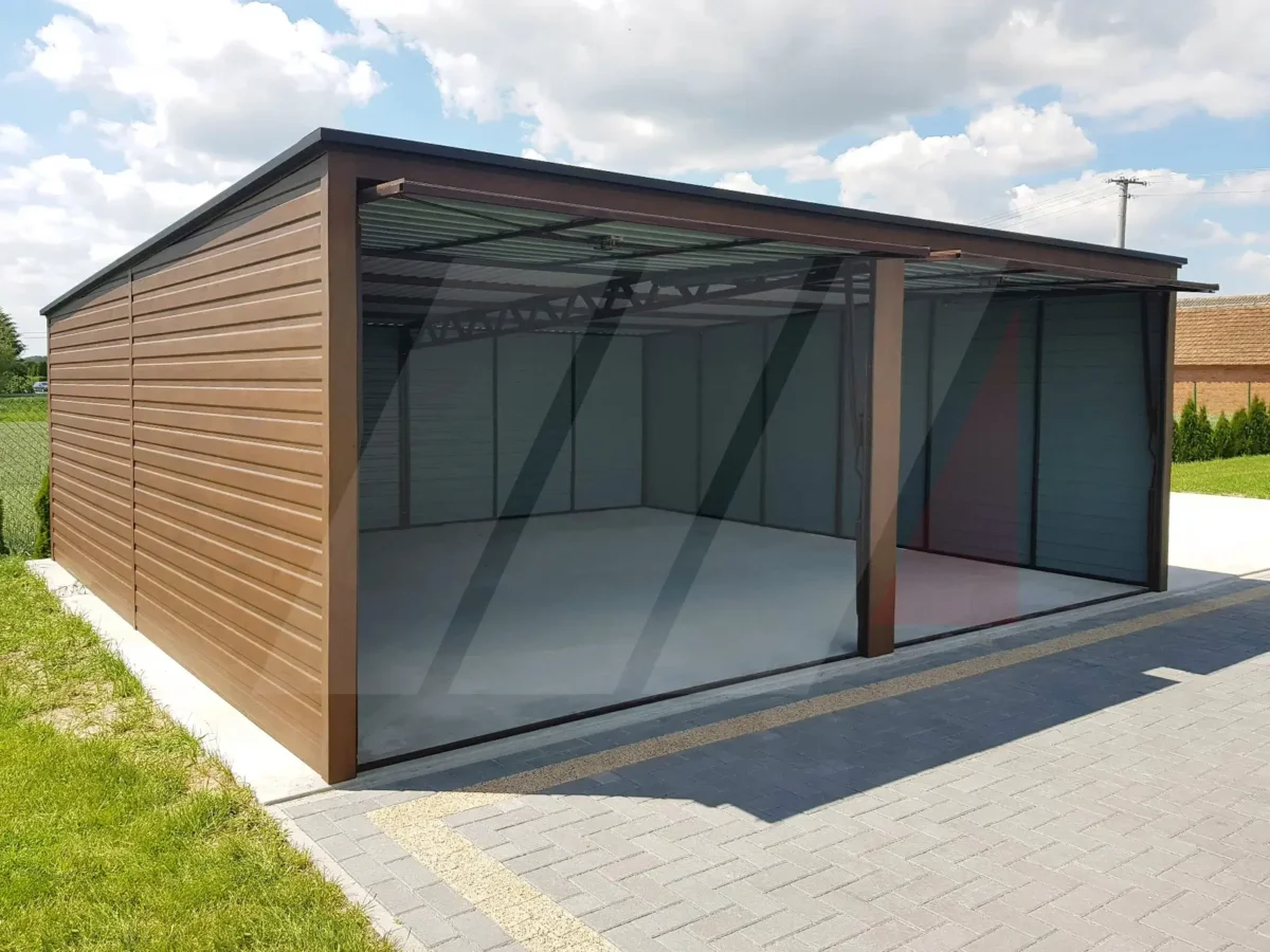 Garaż blaszany dwustanowiskowy orzech 6m x 6m bramy uchylne