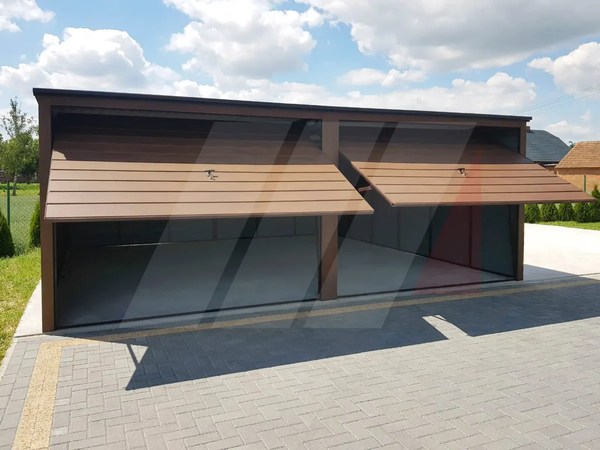 Garaż blaszany dwustanowiskowy orzech 6m x 6m bramy uchylne