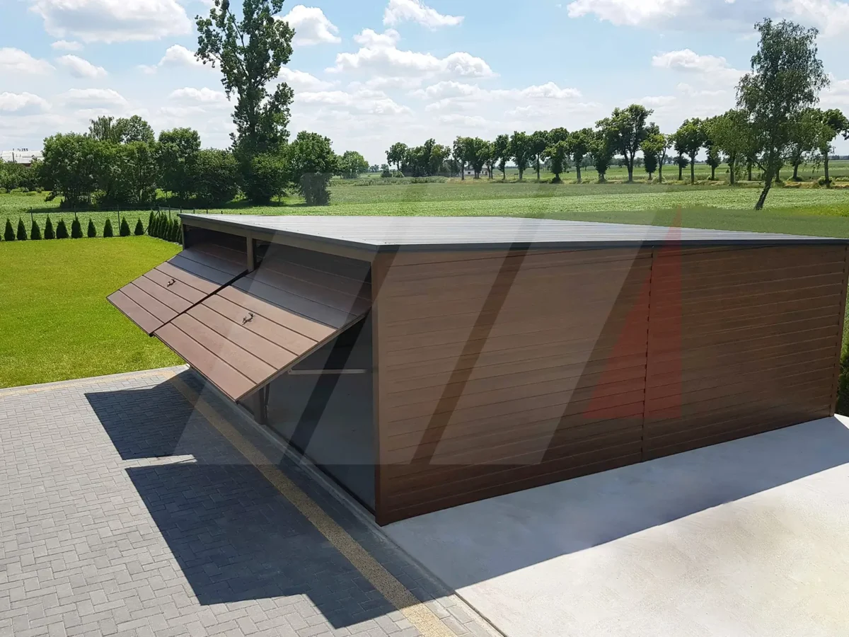 Garaż blaszany dwustanowiskowy orzech 6m x 6m bramy uchylne