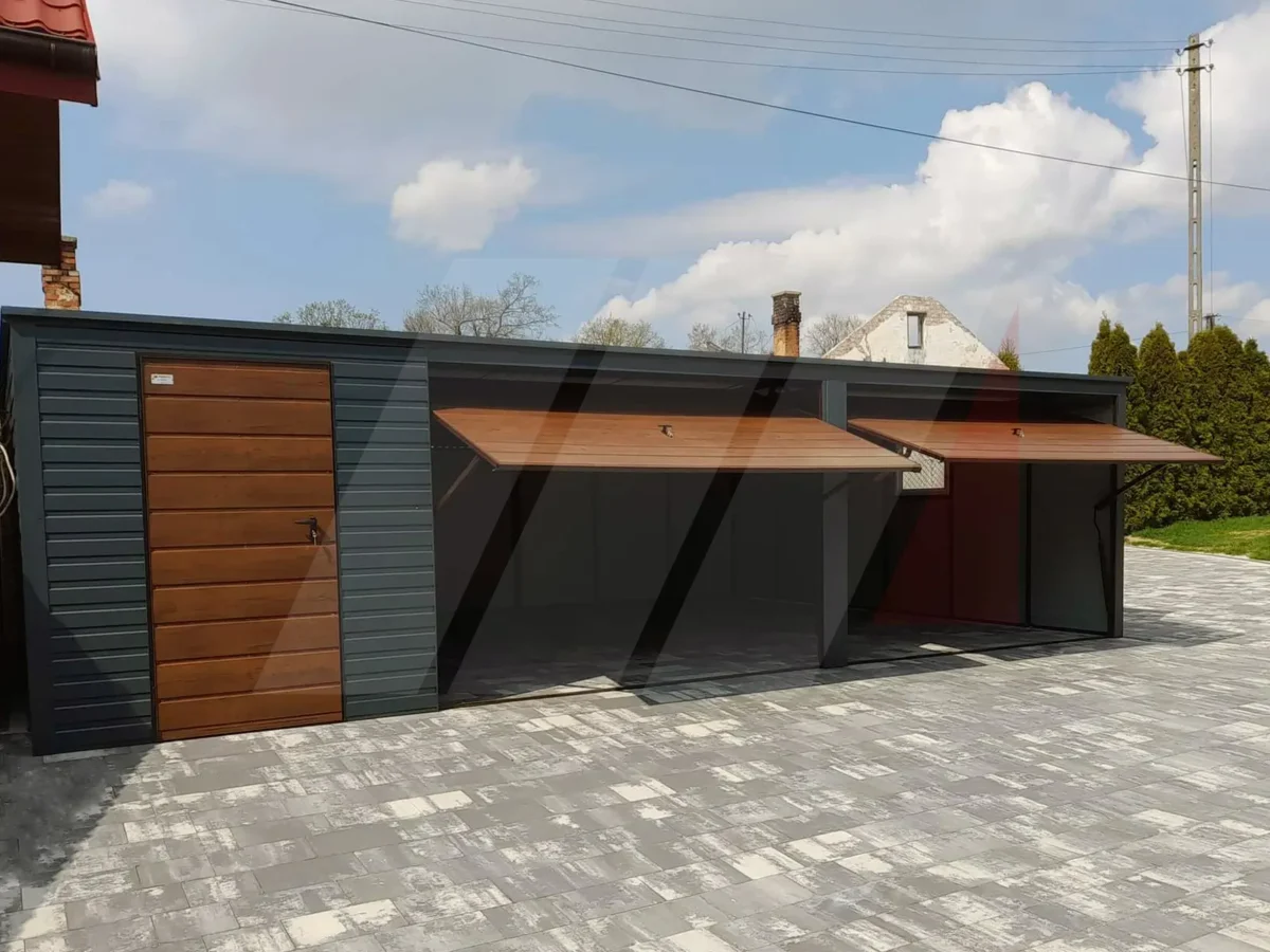 Garaż blaszany grafit spad dachu do tyłu 8m x 6m bramy orzech