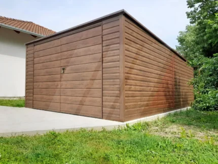 Garaż blaszany drewnopodobny orzech spad do tyłu 4m x 6m