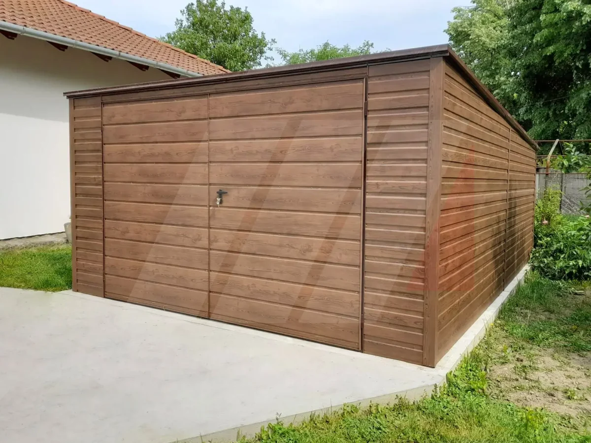 Garaż blaszany drewnopodobny orzech spad do tyłu 4m x 6m
