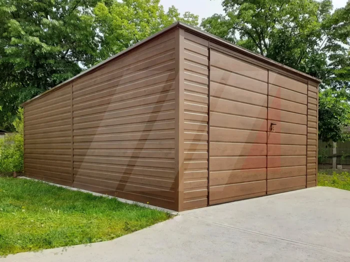 Garaż blaszany drewnopodobny orzech spad do tyłu 4m x 6m
