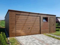 Garaż blaszany orzech spad do tyłu 6m x 6m brama uchylna i drzwi