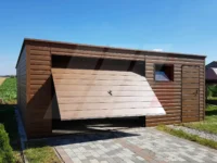 Garaż blaszany orzech spad do tyłu 6m x 6m brama uchylna i drzwi