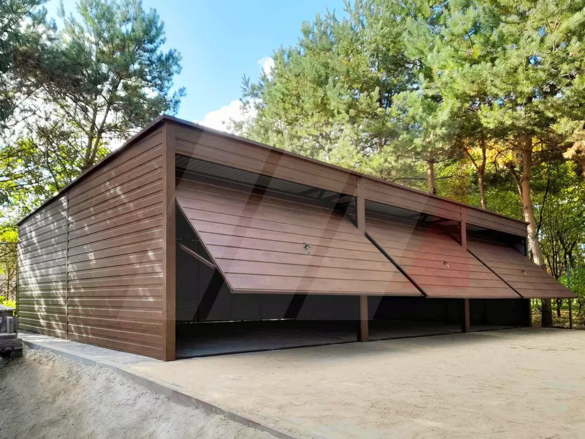 Garaż blaszany trzystanowiskowy orzech 9m x 6m spad do tyłu