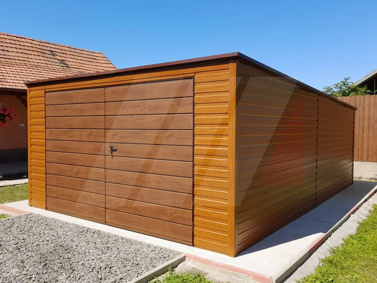 Garaż blaszany złoty dąb spad do tyłu 4m x 5m brama dwuskrzydłowa