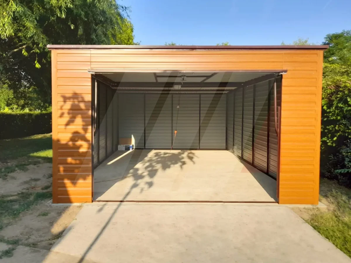 Garaż blaszany złoty dąb spad do tyłu 3.5 x 5 brama uchylna