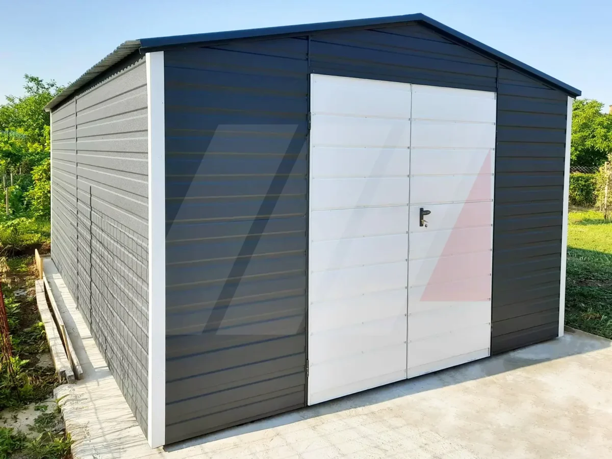 Domek ogrodowy dwuspadowy grafit 4m x 5m drzwi białe