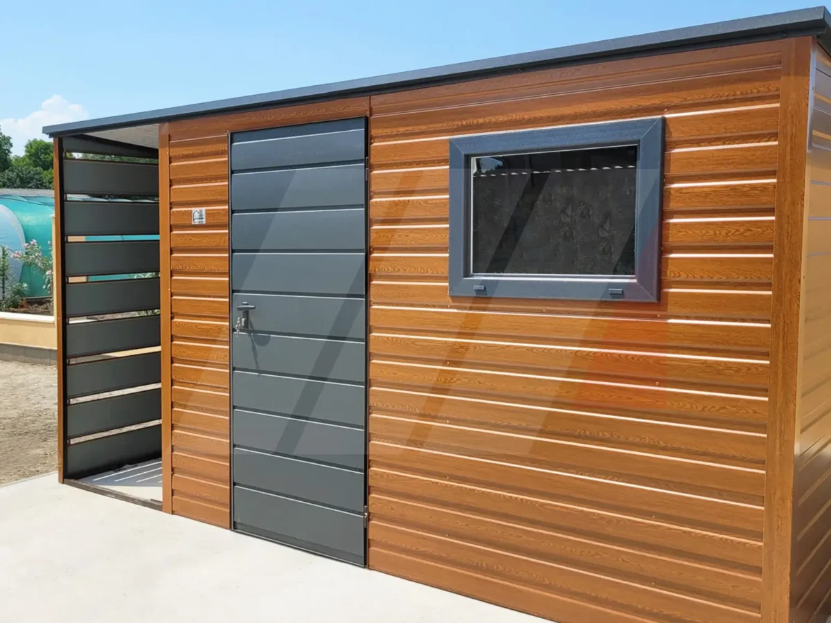 Domek ogrodowy narzędziowy złoty dąb 4m x 3m spad do tyłu