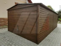 Garaż blaszany dwuspadowy orzech 3m x 5m brama uchylna