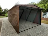 Garaż blaszany dwuspadowy orzech 3m x 5m brama uchylna