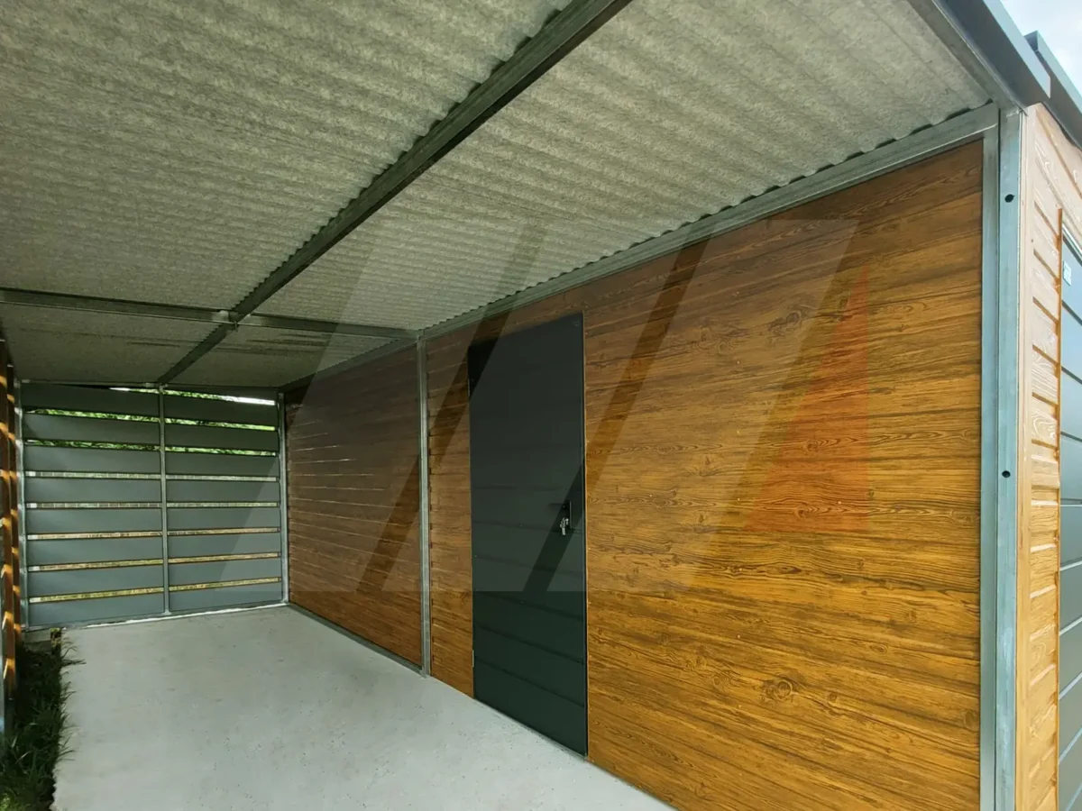 Garaż blaszany dwuspadowy z wiatą 9m x 6m multigloss
