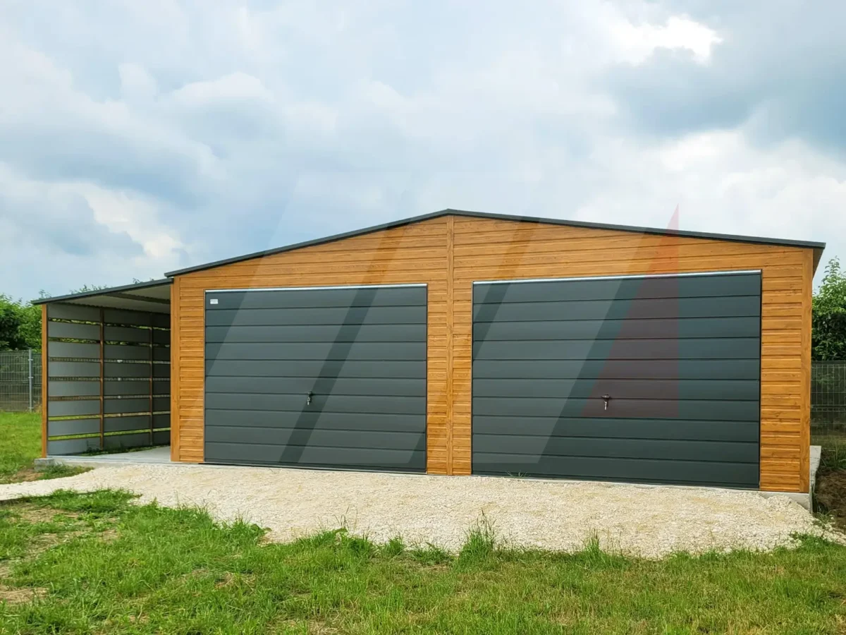 Garaż blaszany dwuspadowy z wiatą 9m x 6m multigloss