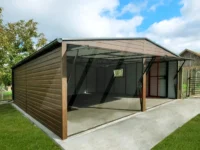 Garaż blaszany dwustanowiskowy orzech 6m x 6m bramy grafit