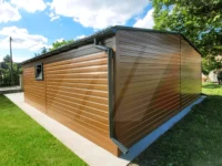 Garaż blaszany dwustanowiskowy orzech 6m x 6m bramy grafit