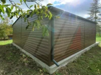 Garaż blaszany dwustanowiskowy orzech 6m x 6m bramy grafit