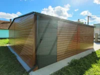 Garaż blaszany dwustanowiskowy orzech 6m x 6m bramy grafit