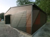 Garaż blaszany dwustanowiskowy orzech 7m x 6m bramy uchylne