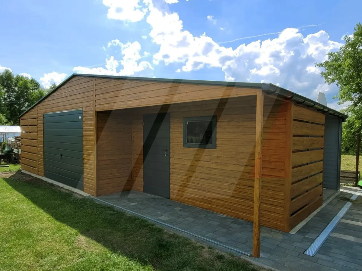 Garaż blaszany dwuspadowy multigloss 9m x 6m z wiatą i wnęką
