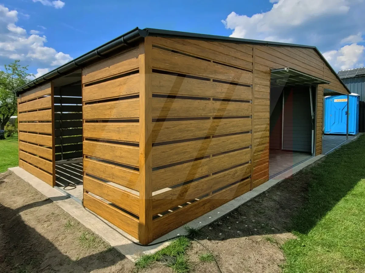 Garaż blaszany dwuspadowy multigloss 9m x 6m z wiatą i wnęką